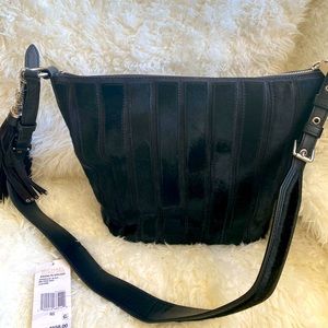 Michael Kors Brooklyn Lg Applique Stripe Leather Haircalf FeedBag Black NWT $598